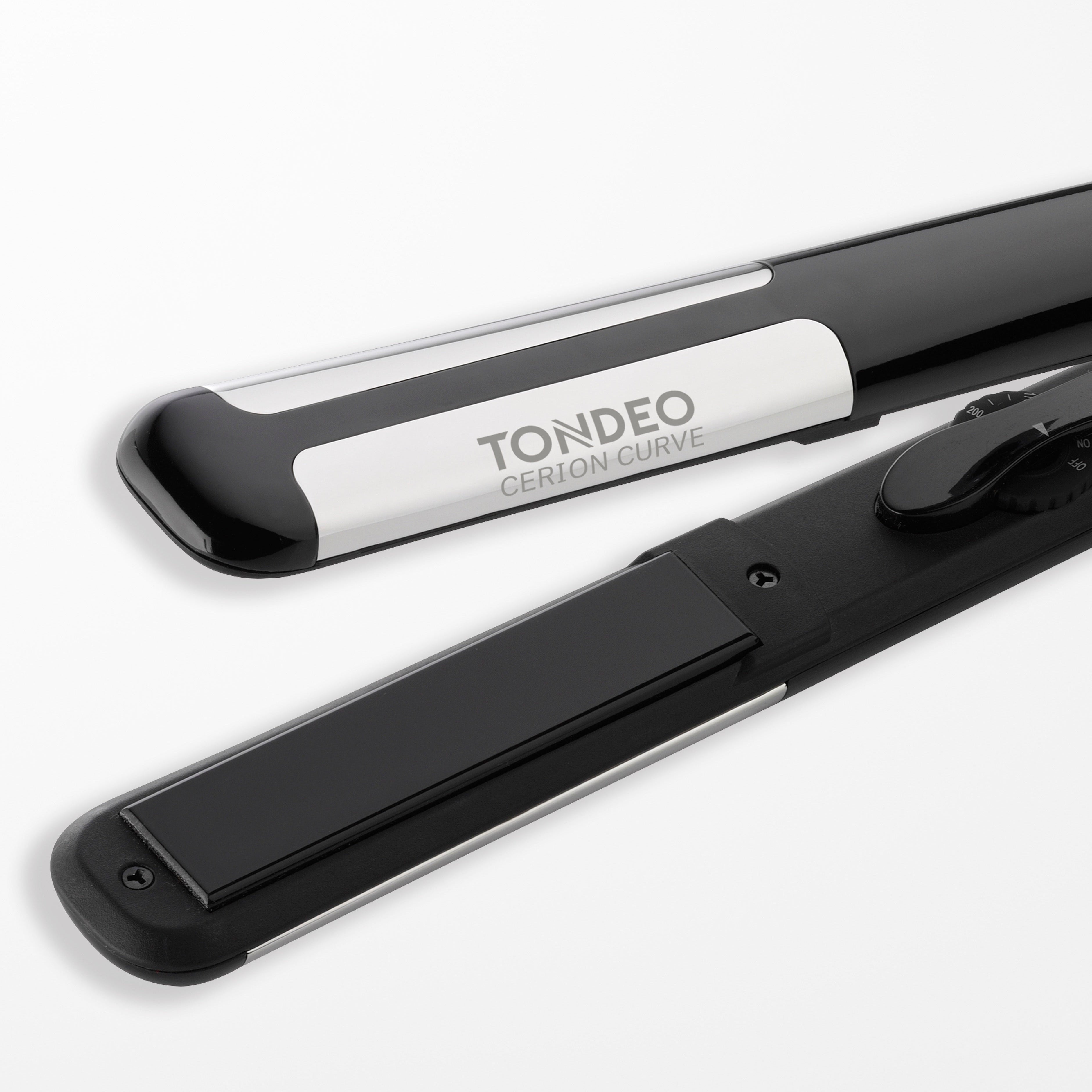 Schwarzes Glätteisen von TONDEO Solingen, silberne Kuven, federnd gelagerte Heizelemente, Auto-Off-Funktion, 120 °C bis 230 °C individuell einstellen, schnelle Aufheizzeit, Keramik-Tumalin-Heizplatten (23 x 90 mm) für optimale Wärmeverteilung