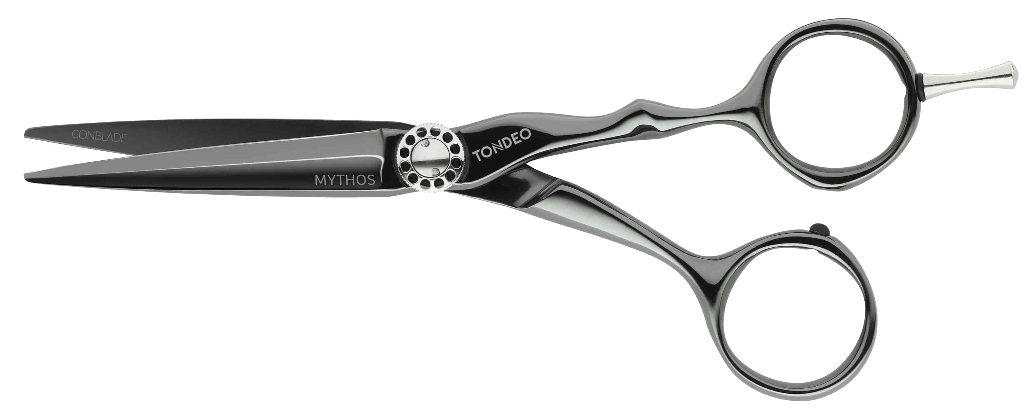 Schwarze Friseurschere mit ergonomischem Design.