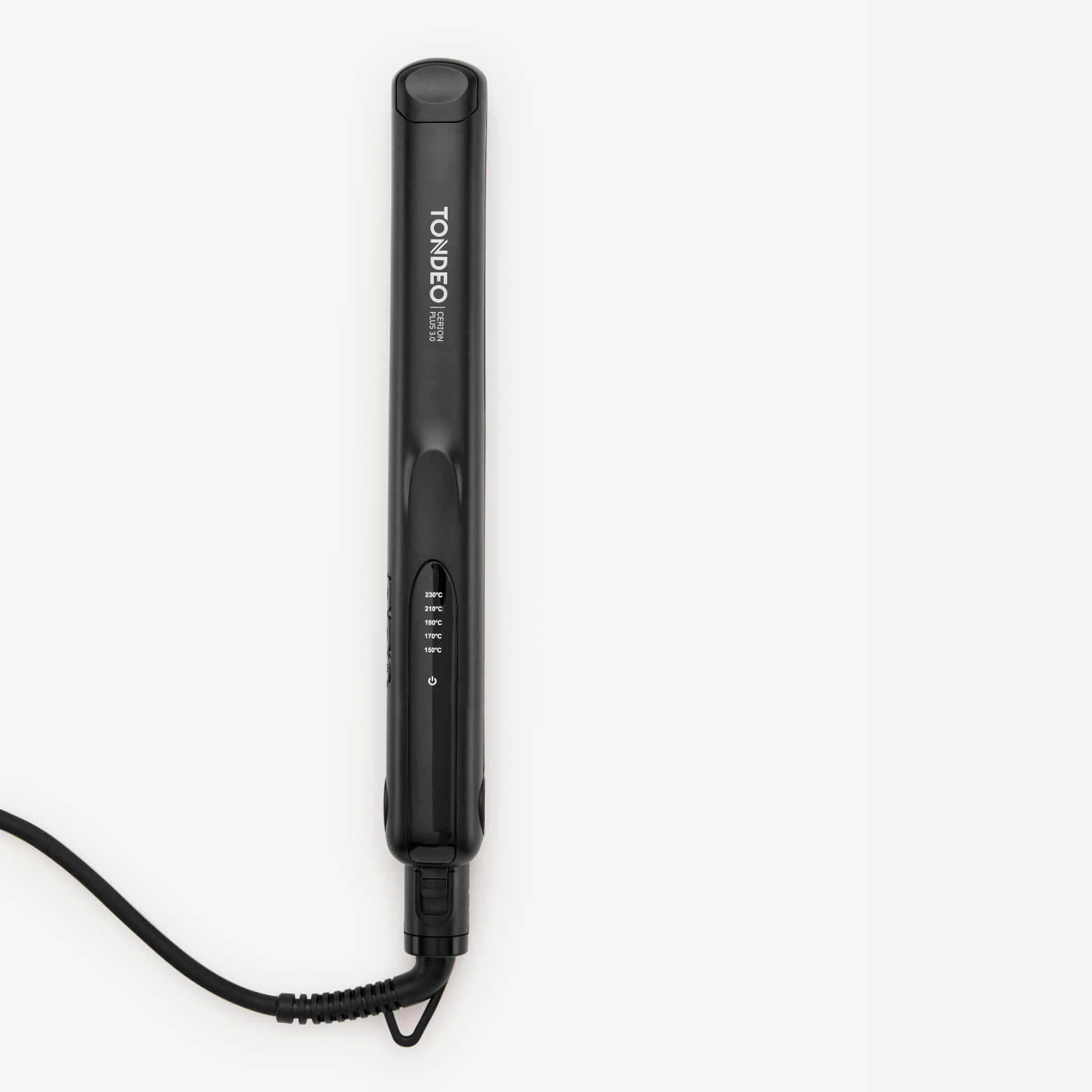 Schwarzes Glätteisen von TONDEO Solingen, Drehkupplung, stufenlose Steuerung, federnd gelagerte Heizelemente, optimale Wärmeverteilung, Auto-Off-Funktion, Keramikbeschichtung, Stylingeisen für den Friseur