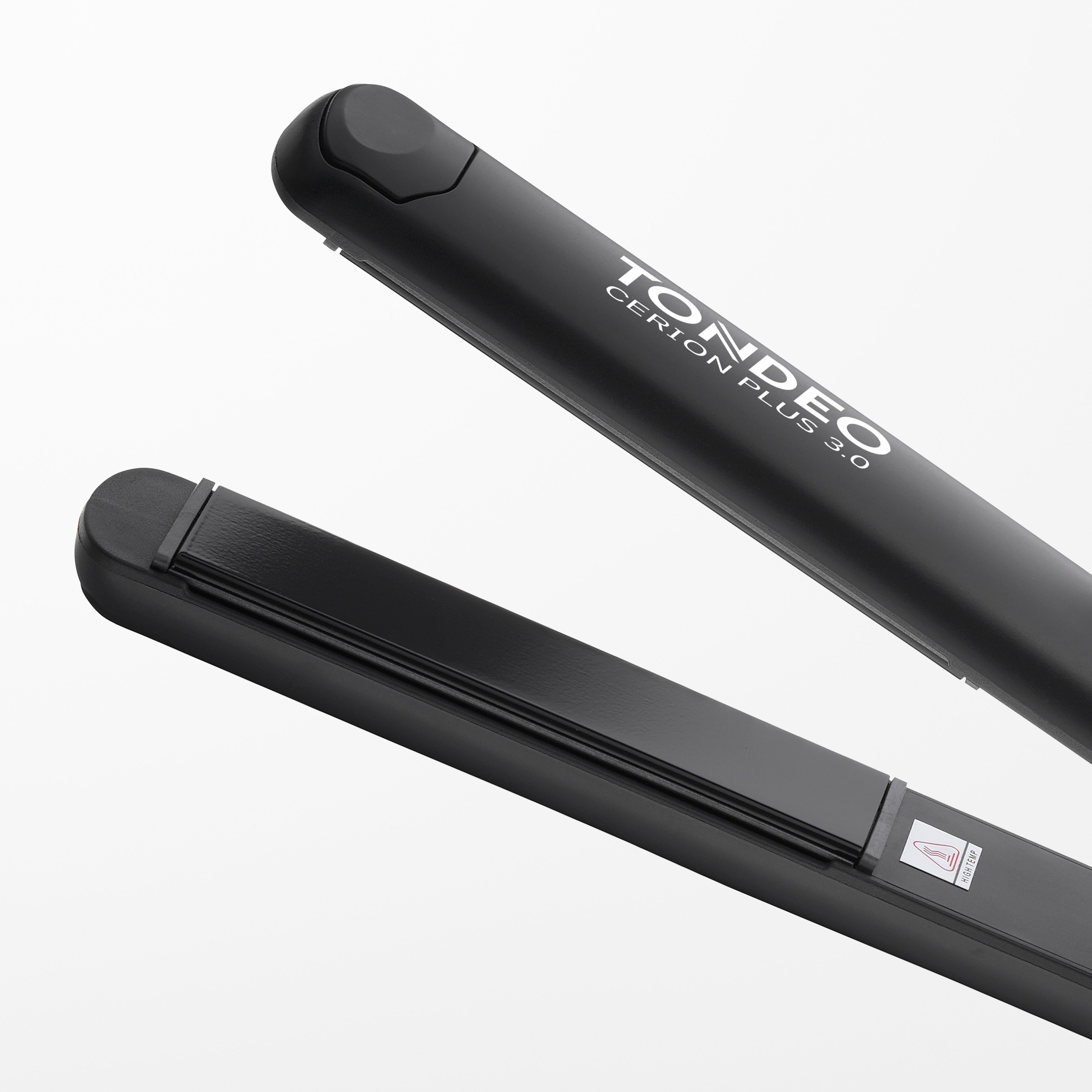 Schwarzes Glätteisen von TONDEO Solingen, Drehkupplung, stufenlose Steuerung, federnd gelagerte Heizelemente, optimale Wärmeverteilung, Auto-Off-Funktion, Keramikbeschichtung, Stylingeisen für den Friseur