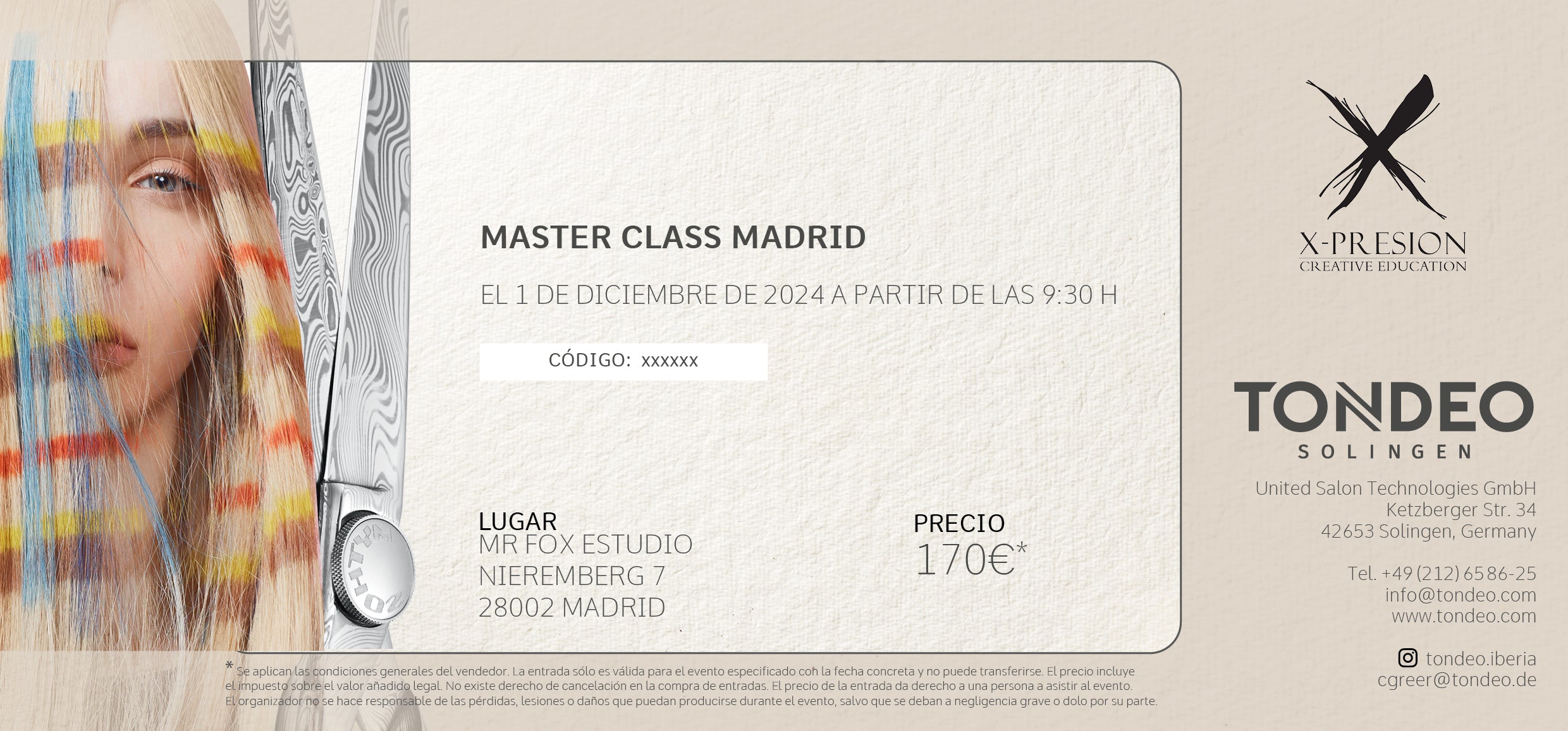 Eintrittskarte für Friseur-Masterclass Madrid.