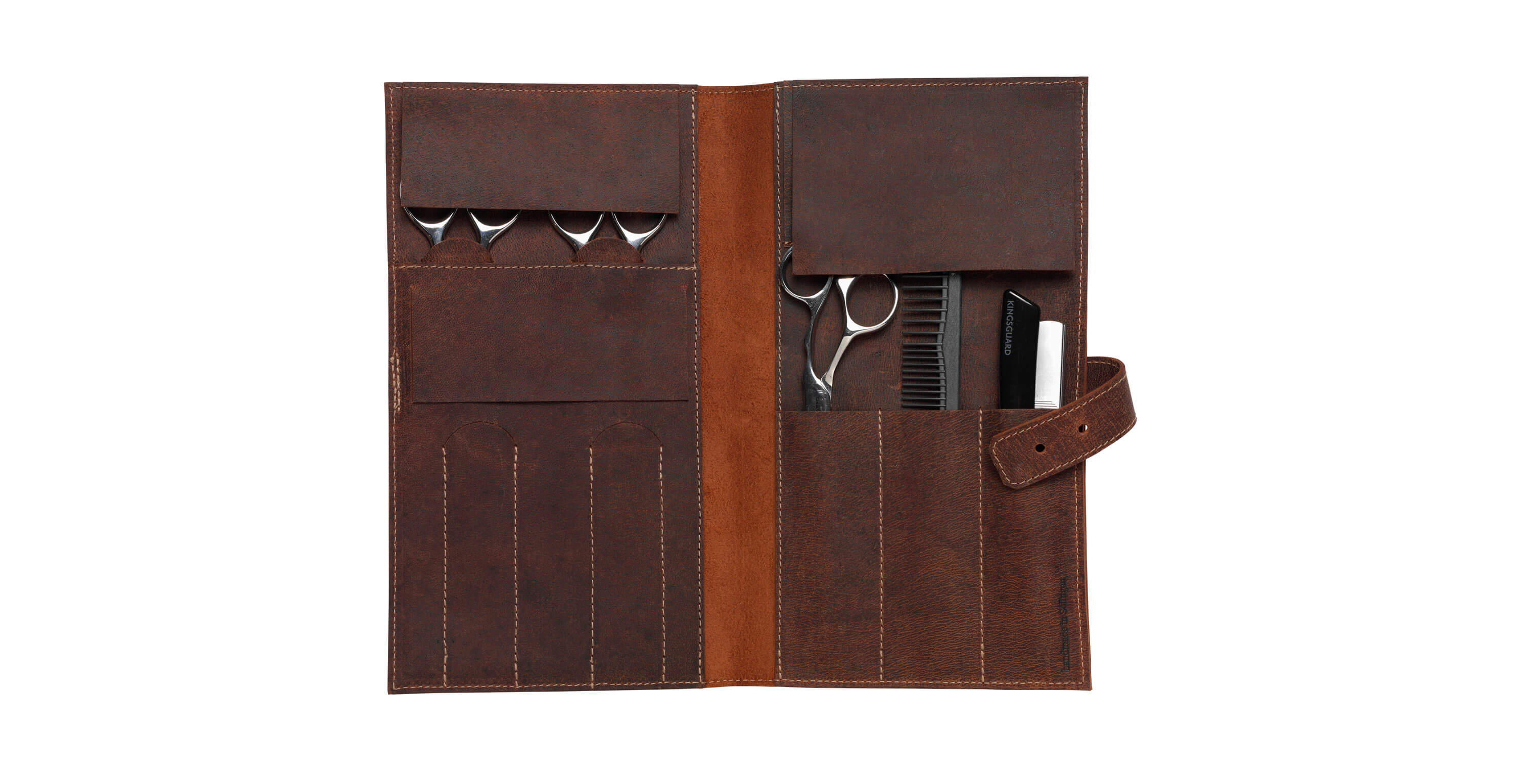 Braune Friseurtasche, geschlossen, Lederoptik.